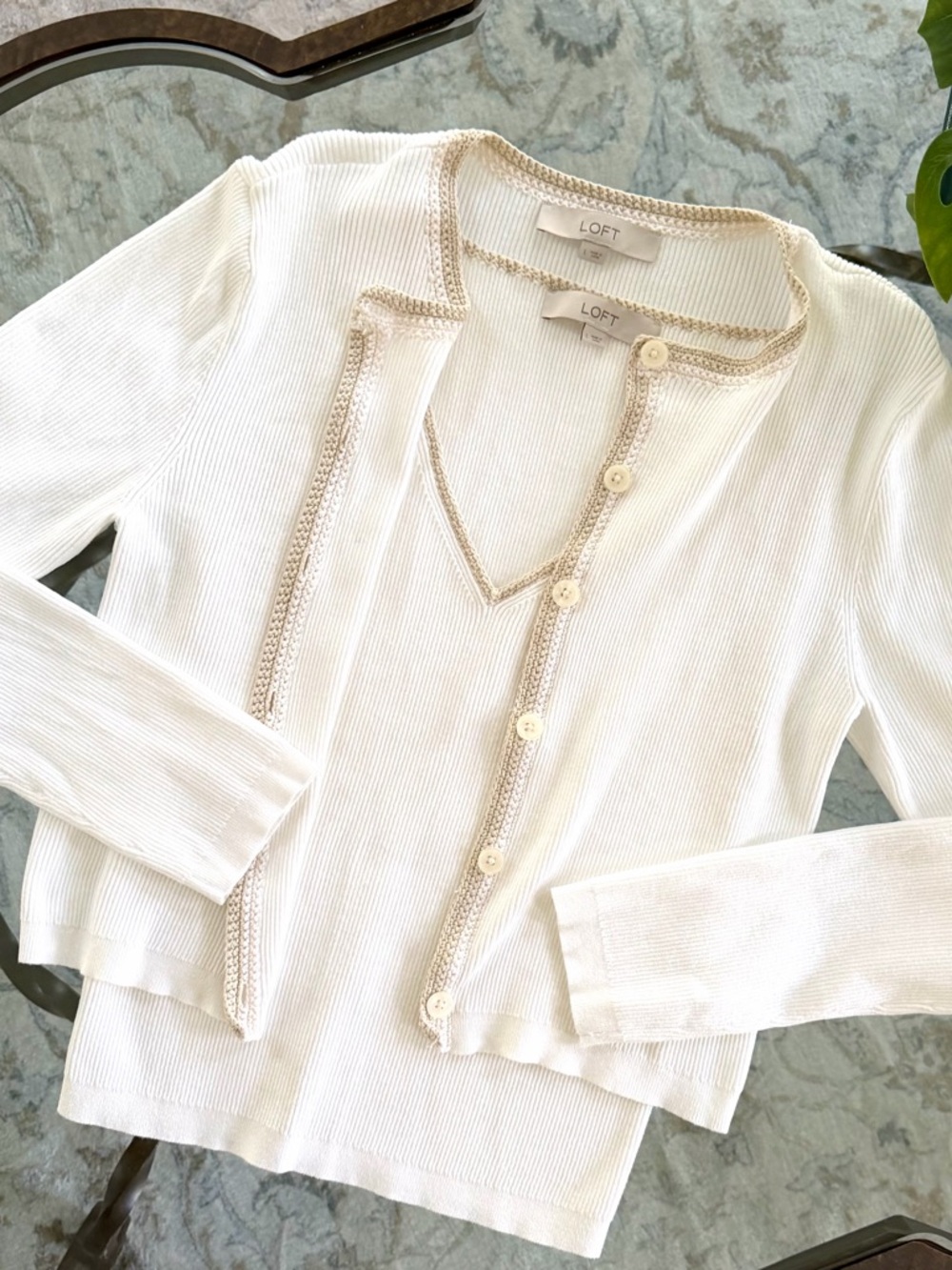 LOFT Cream V-Neck Cardigan with Contrast Trim